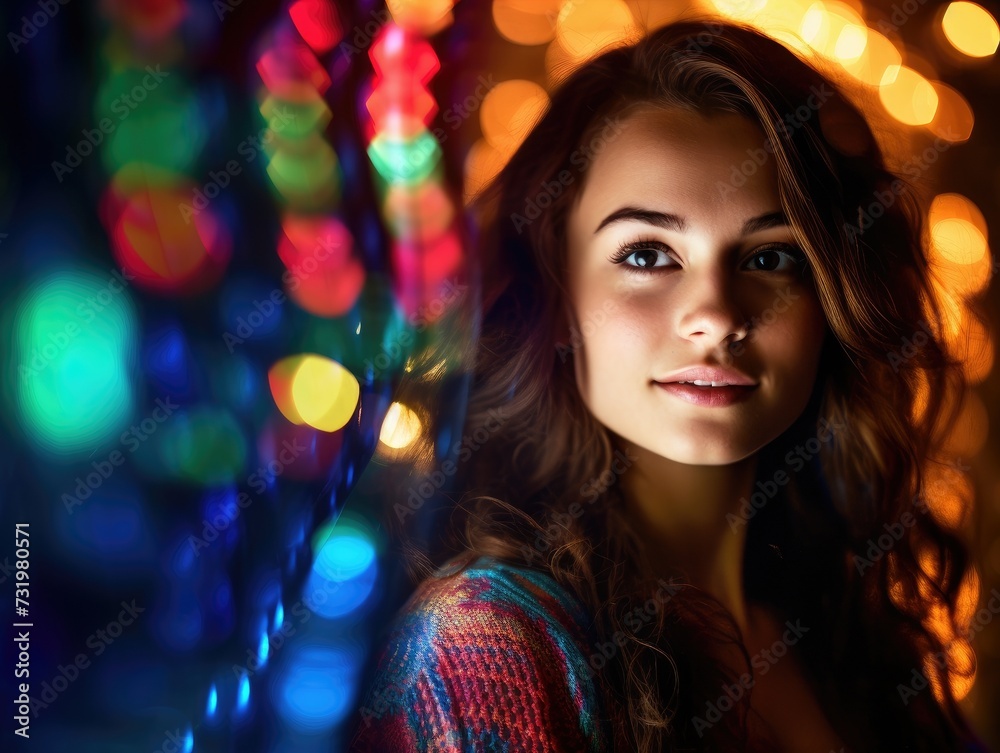 Young woman is posing in front of colorful lights.