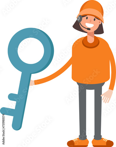 Customer Service Girl Character Holding Key 