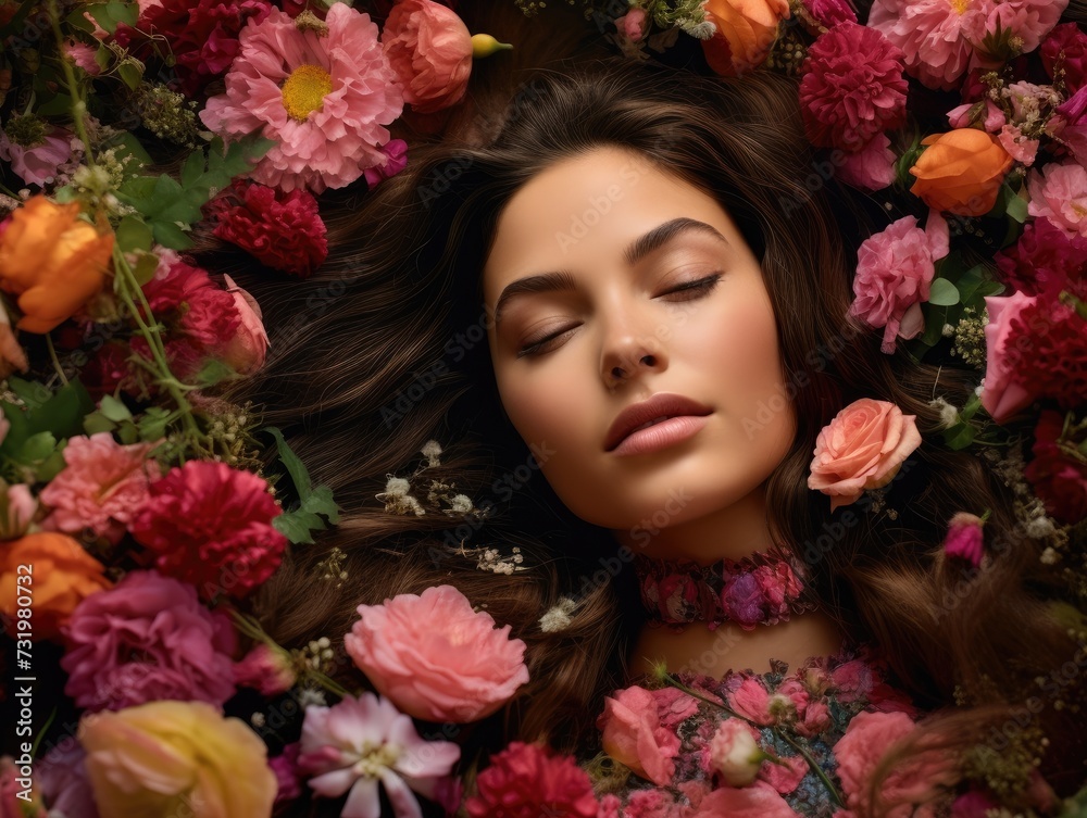 Beautiful woman laying in a bed of flowers. Beautiful woman laying in a bed of flowers.