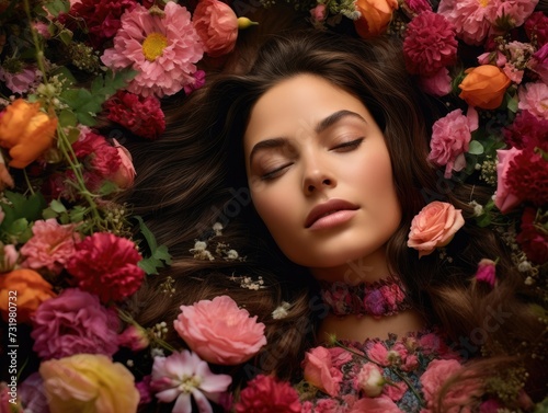Beautiful woman laying in a bed of flowers.