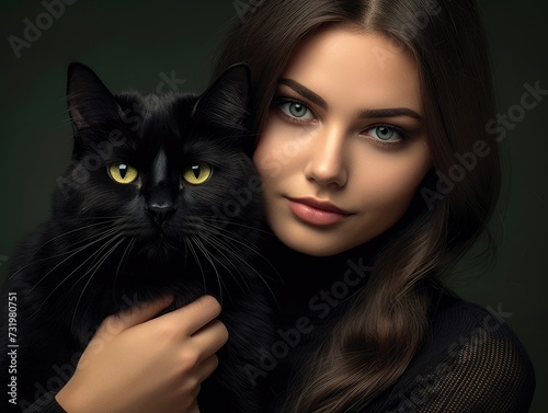 Beautiful woman is holding a black cat.