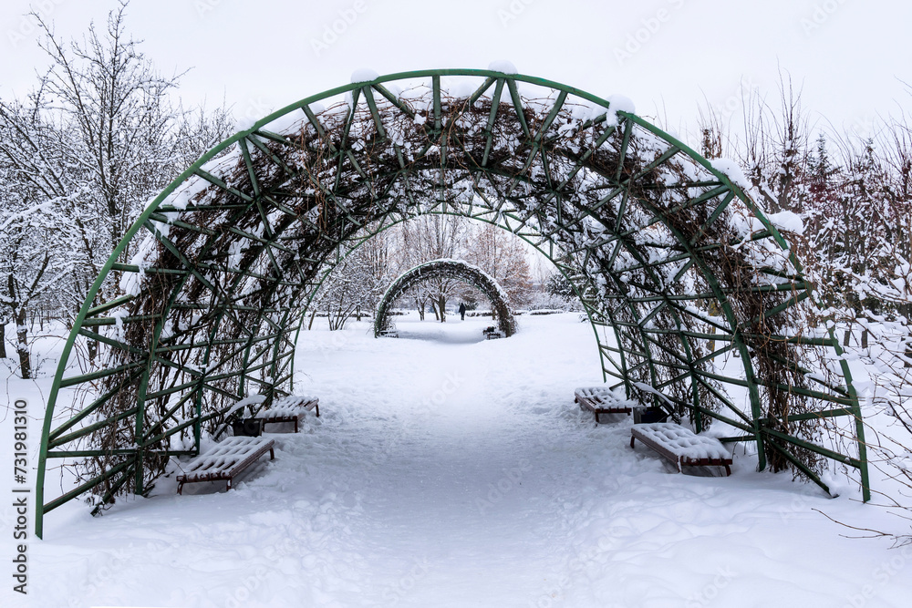 Arch made of metal rods  for climbing plants in a city park in winter