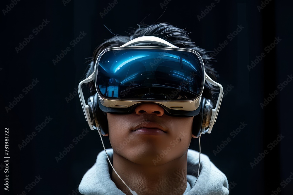 front view man using futuristic VR headset glasses front view man using futuristic VR headset glasses