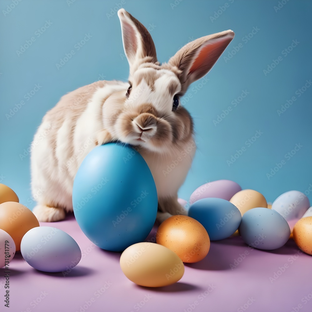 Easter bunny rabbit with blue painted egg on blue background. Easter holiday concept. Easter bunny rabbit with blue painted egg on blue background. Easter holiday concept.