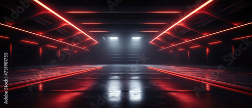 Futuristic dark garage background, empty underground warehouse with red neon lighting, interior of abstract modern hallway or room. Concept of parking, stage, building photo