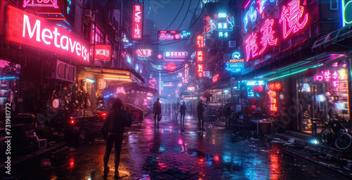 Cyberpunk neon city at night, store sign Metaverse in dark town in rain, wet futuristic street with red, purple and blue light. Concept of future, virtual reality, game, dystopia