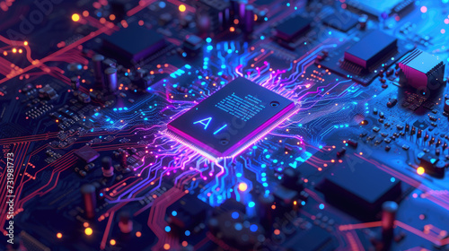 Glowing AI processor on dark circuit board, core of artificial intelligence machine with neon light of energy. Concept of computer technology, CPU, chip, data, future, semiconductor