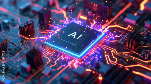 Glowing AI processor on dark circuit board, core of artificial intelligence machine with light of energy and shiny lines. Concept of computer technology, chip, data, future, semiconductor