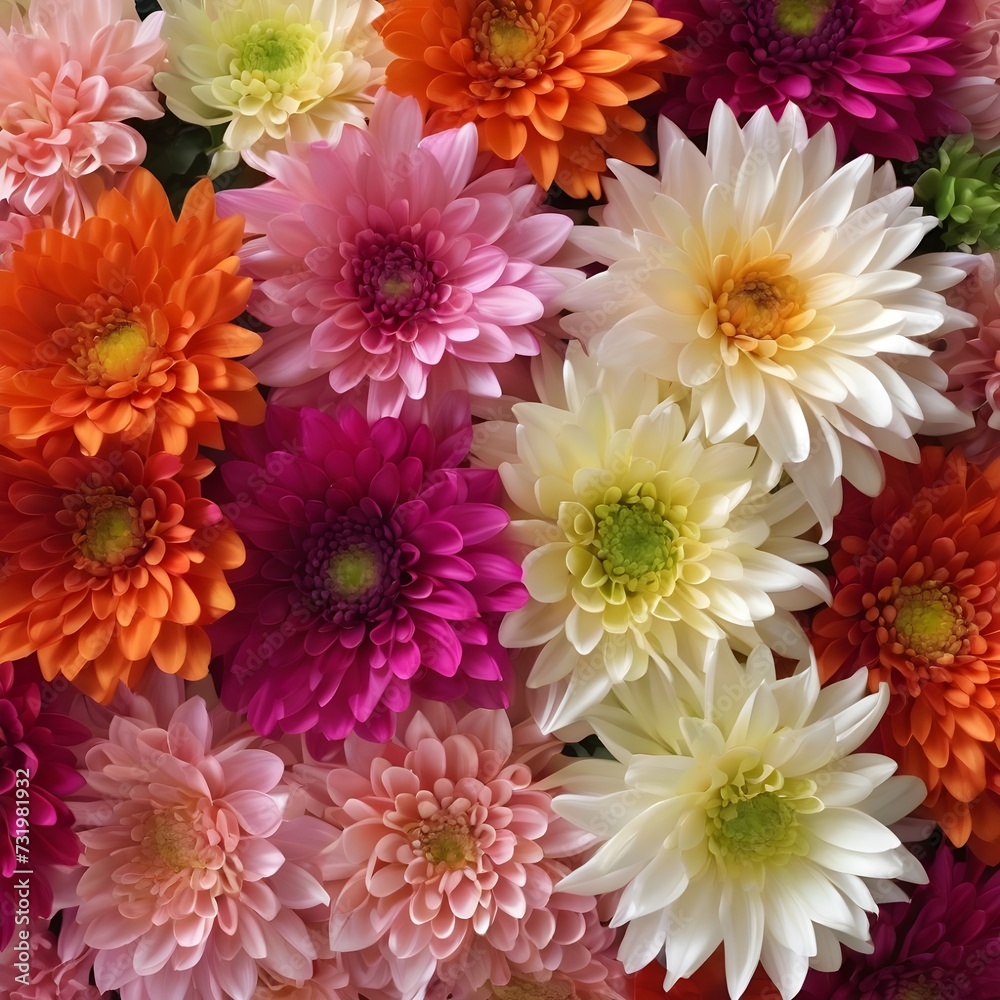 Fototapeta premium Flowers wall background with amazing red,orange,pink,purple,green and white chrysanthemum flowers ,Wedding decoration, hand made Beautiful flower wall background