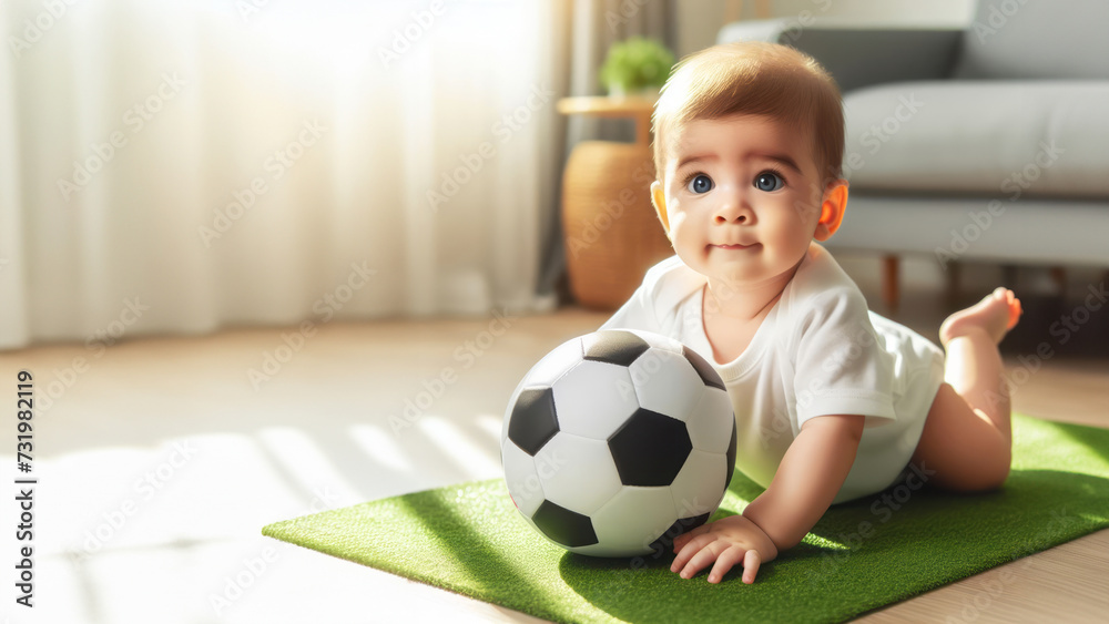 In a sun-drenched room, a bright-eyed baby in a white onesie delightfully engages with a classic soccer ball on a green mat.
In a sun-drenched room, a bright-eyed baby in a white onesie delightfully engages with a classic soccer ball on a green mat.