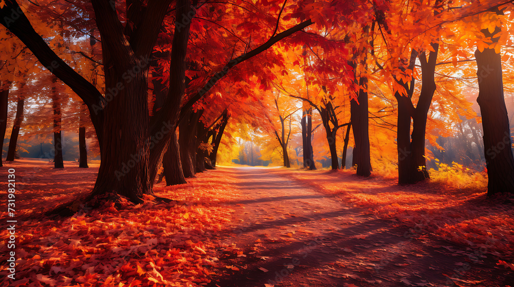 A vibrant autumn forest with trees in shades of red, orange, and yellow, and a carpet of fallen leaves.