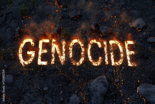 Word of GENOCIDE glowing burn on ground top view