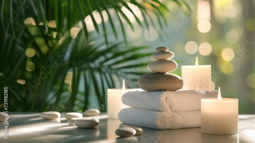 Spa background with balance rocks, candles, towels. Relaxation, massage, beauty, meditation, feng shui concept banner with place for text