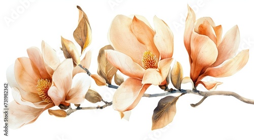 watercolor magnolia flowers isolated on white background  gold leaves  decorative borders