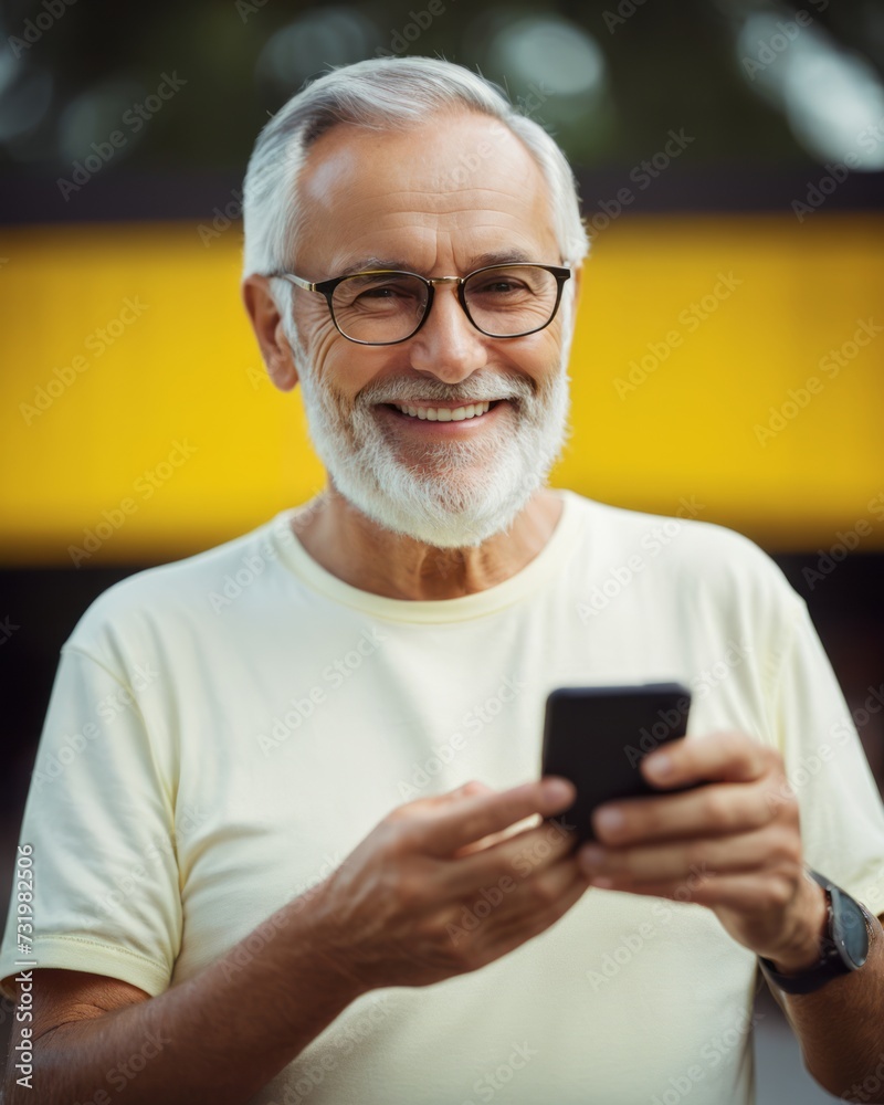 An elderly man with white hair and glasses smiles joyfully while operating a smartphone, outdoors with the warm glow of the setting sun illuminating the scene.