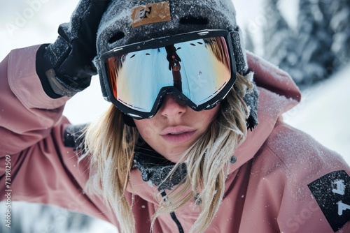 Close-up portrait of a female snowboarder wearing pink suit and ski goggles in snowy mountains. Beautiful blonde Caucasian woman adjusts her equipment and ready to slide down the slope. © Fat Bee