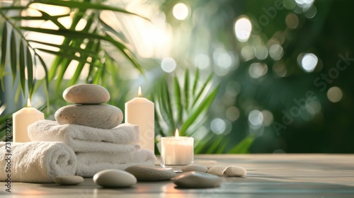 Spa background with balance rocks  candles  towels. Relaxation  massage  beauty  meditation  feng shui concept banner with place for text