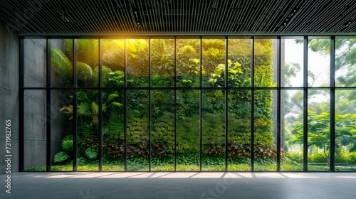 Empty room of modern eco-style building with panoramic glass wall and vertical garden. The premises is prepared for organizing office or living space. Contemporary architecture concept.