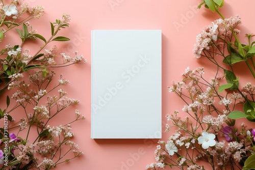 a mockup with a blank white book cover against a peach colored background photo