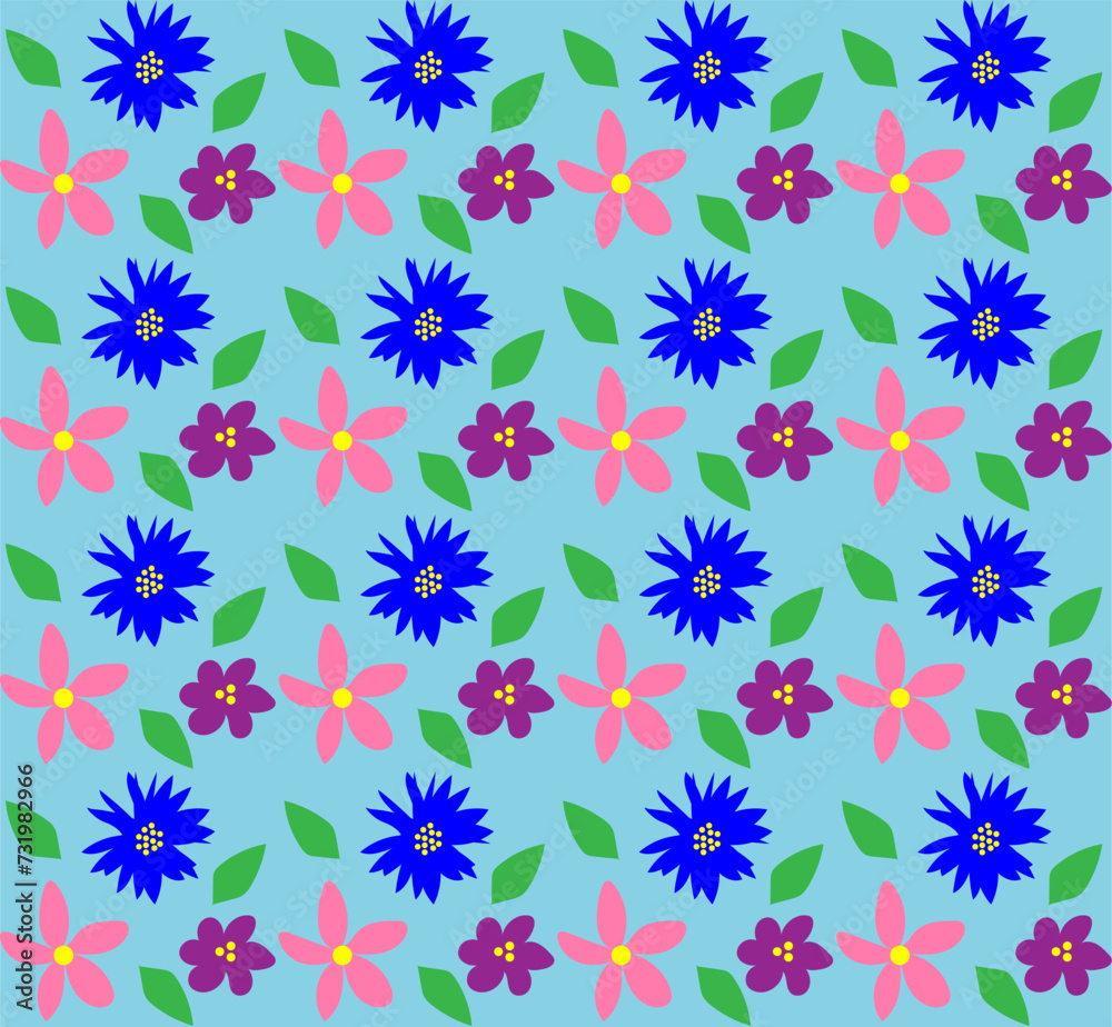 Delicate seamless floral pattern in the form of multi-colored flowers and leaves on a blue background Delicate seamless floral pattern in the form of multi-colored flowers and leaves on a blue background