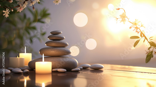 Spa background with balance rocks  candles. Relaxation  massage  beauty  meditation  feng shui concept banner with place for text