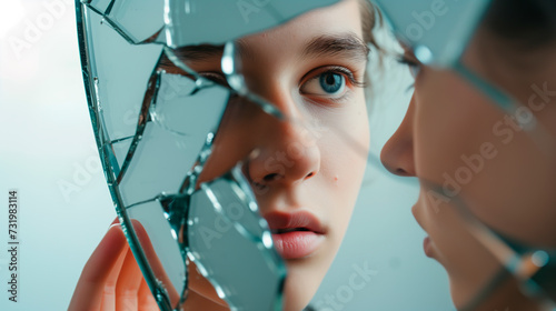Teenager's reflection in a shattered mirror, Mental health and personality disorders concept.