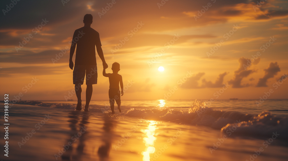 Seaside Stroll: Father and Child Walking Hand in Hand at Sunset