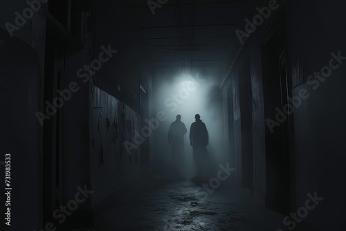 mysterious two person silhouetted shadow figures walking in a dimly lit corridor
