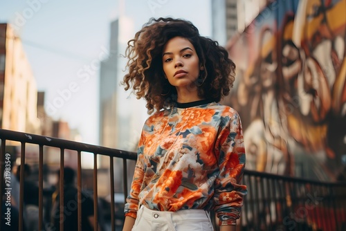 Urban chic meets natural beauty as a model, adorned in simple yet stylish clothing, poses against the vibrant backdrop of a city.