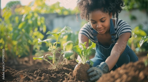 a girl weeding in the garden,, horizontal background. Earth Day banner template, ecology and environment concept, large copy space for text