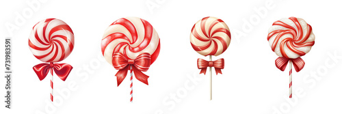  set of a illustration of a red and white striped lollipop with a bow below on a transparent backgrounds photo