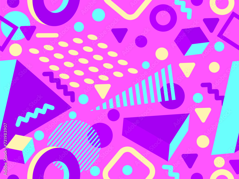 Fototapeta premium 3D geometric seamless pattern in 80s style. 3d isometric triangles, zigzags and circles. Geometric memphis style. Design for promotional products, wrapping paper and printing. Vector illustration