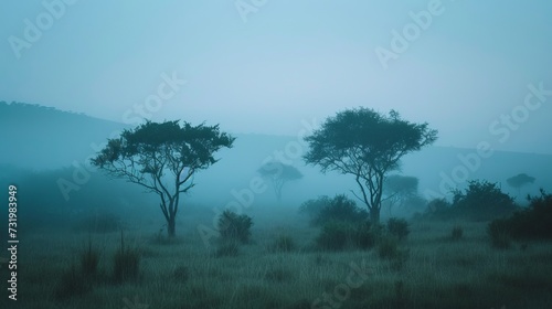 Foggy morning in the African bush. Kenya, Africa.