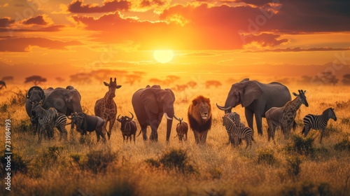 Group of safari African animals elephants, rhino, buffalo, giraffe, lion, elephant, leopard, hyena, zebra, wildebeest and others stand together in savanna grassland with background of sunset sky
