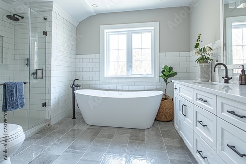 Interior of modern minimalist Scandi style bathroom. White tiles, white classic cabinet with built-in sink, freestanding bath, glazed shower, indoor plant, large windows.
