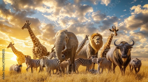 Group of safari African animals elephants, rhino, buffalo, giraffe, lion, elephant, leopard, hyena, zebra, wildebeest and others stand together in savanna grassland with background of sunset sky © Emil