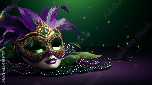 Colorful mardi gras carnival mask and beads on purple and green gradient background with copy space