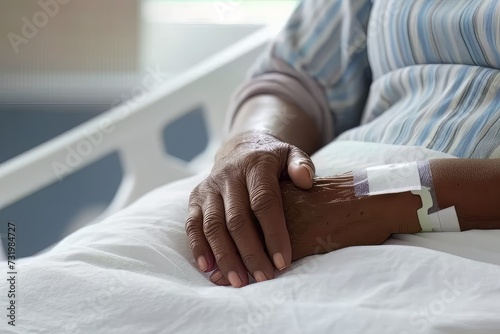 close up Black Woman hand, Recovering In Hospital Bed