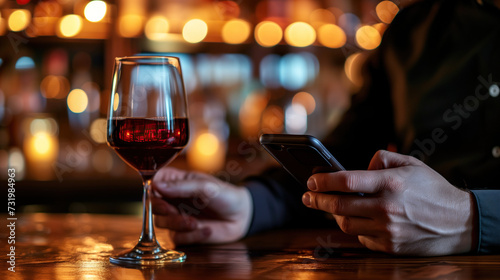 Male hands holding a phone and a glass of wine at the bar, restaurant on the dining table.