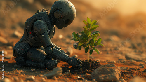 Robot acts like a human trying to plant trees There is only one tree left. The background is a barren land.generative ai photo