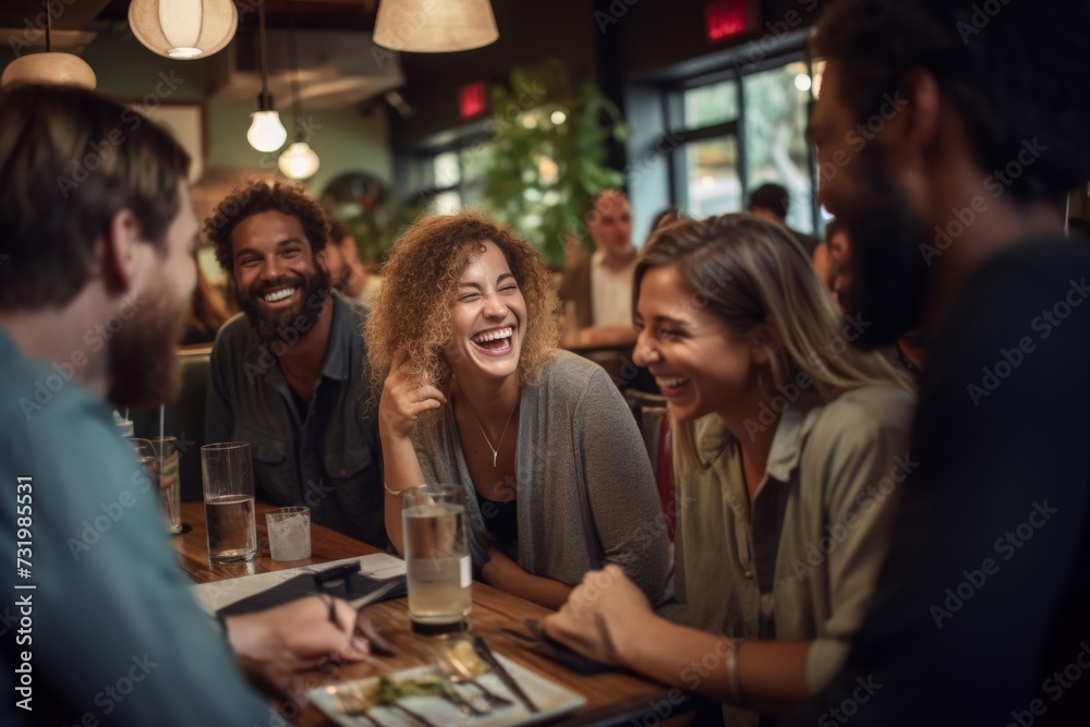 .Group of friends laughing together at a restaurant, enjoying a casual meal
