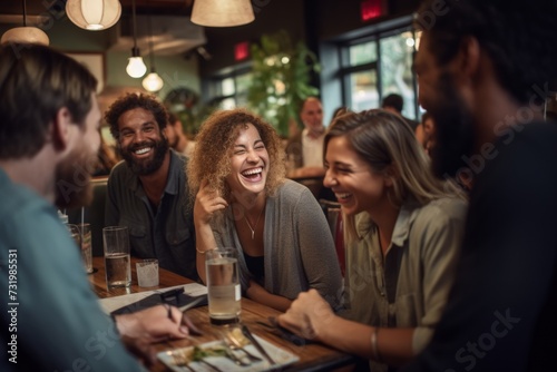 .Group of friends laughing together at a restaurant, enjoying a casual meal