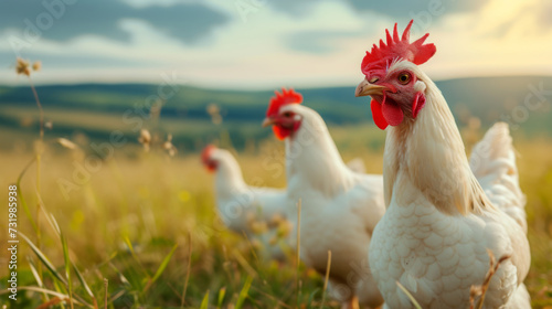 Close-up of a with a prominent red comb and wattles, standing in a sunlit outdoor setting, with other chickens blurred in the background. © PiBu Stock