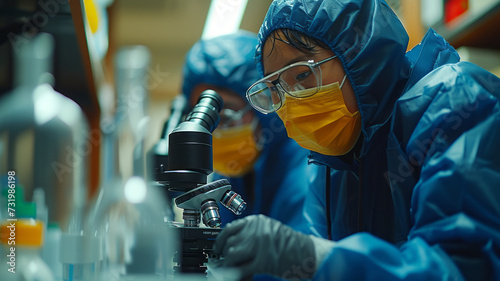 Two doctors in science lab looking into a microscope, wearing blue doctors clothing, wearing glasses, generative ai