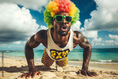 Un hombre negro enérgico con un colorido afro hace flexiones en una playa soleada, irradiando fuerza y vitalidad. photo