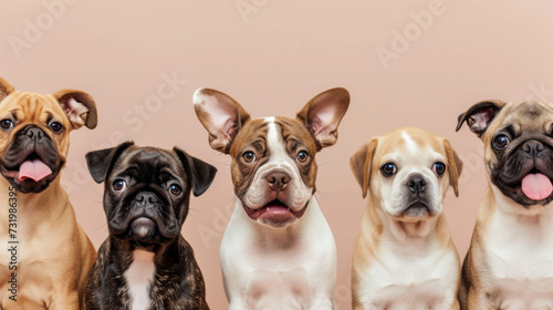 lineup of five adorable puppies with a plain background, each displaying a unique expression.