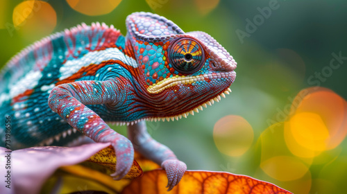 colorful chameleon perched on a green leaf © PiBu Stock