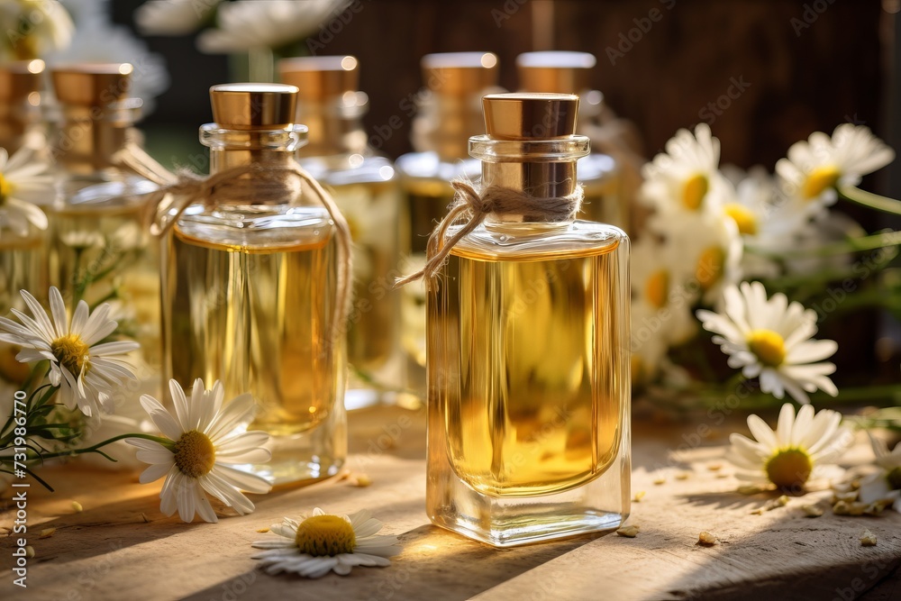 Chamomile flowers and essential oil in glass bottle for beauty and spa treatment concept Chamomile flowers and essential oil in glass bottle for beauty and spa treatment concept