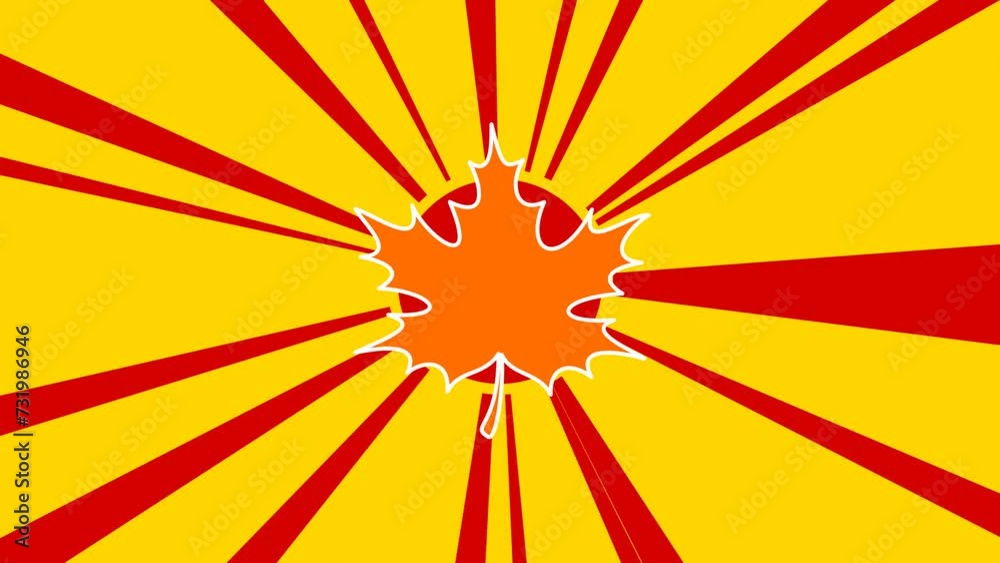 Maple leaf on the background of animation from moving rays of the sun. Large orange symbol increases slightly. Seamless looped 4k animation on yellow background Maple leaf on the background of animation from moving rays of the sun. Large orange symbol increases slightly. Seamless looped 4k animation on yellow background