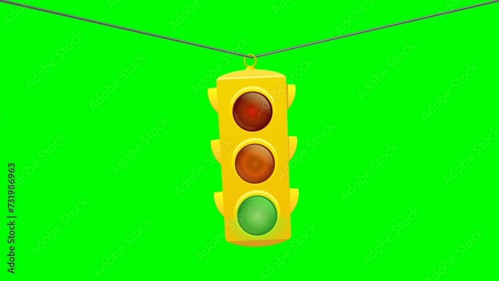 American yellow traffic light hanging on a cable with green screen